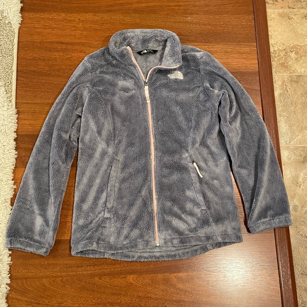 Girls The North Face Fleece Sweater Jacket Winter Zip Up Gray Pink XL 13/14